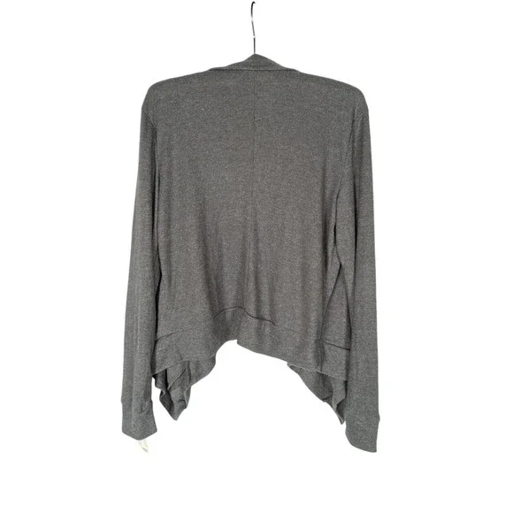 Check and Stripe Cardigan L Women's Gray Draped Open Front Pockets Sweater - Picture 4 of 8